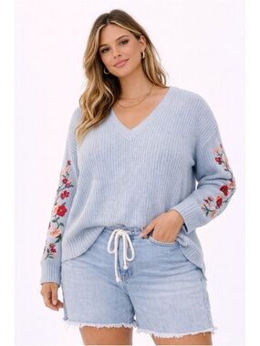 American Eagle Blue Knit Floral Embroidered Sleeve V-neck Sweater Size Med Boho